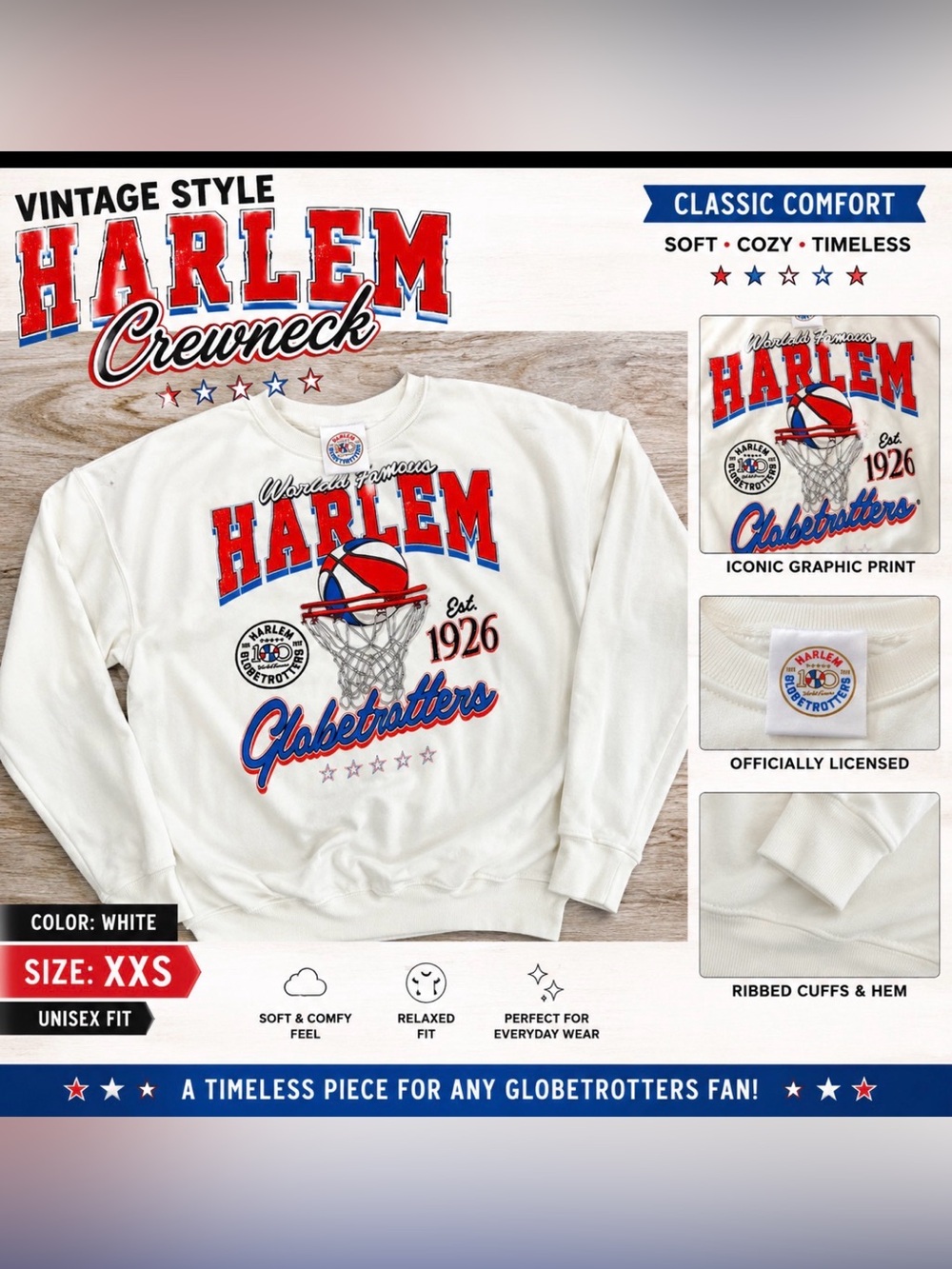 NWT Harlem Globetrotters 100th Anniversary Graphic Crewneck Sweatshirt size xxs